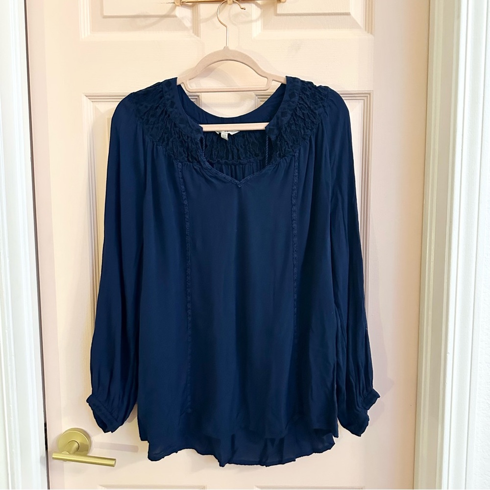 Lucky Brand Navy Blue Long Sleeve Peasant Blouse